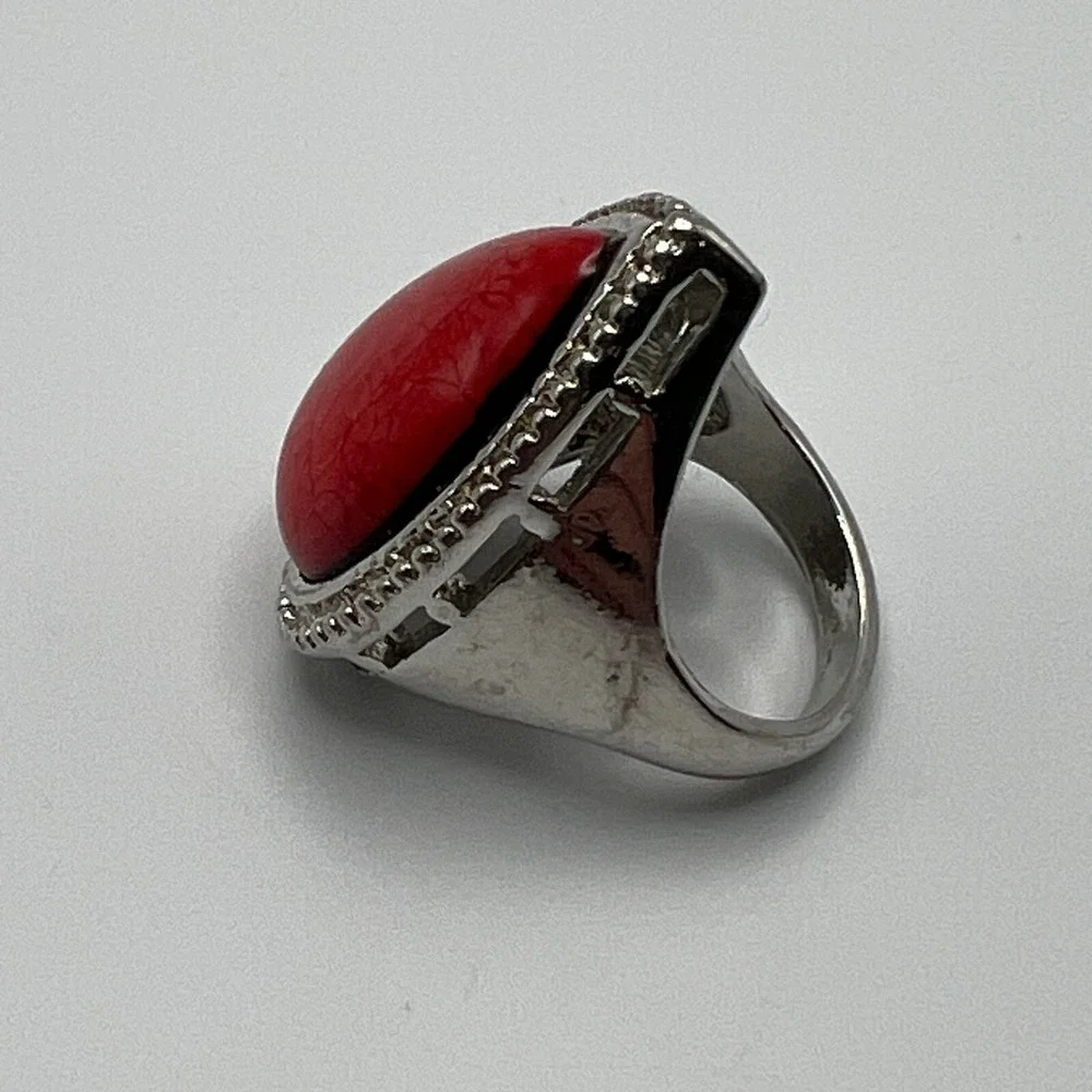 Large Womens Fashion Ring Statement Teardrop Silver Tone Orange Pink Glass Stone